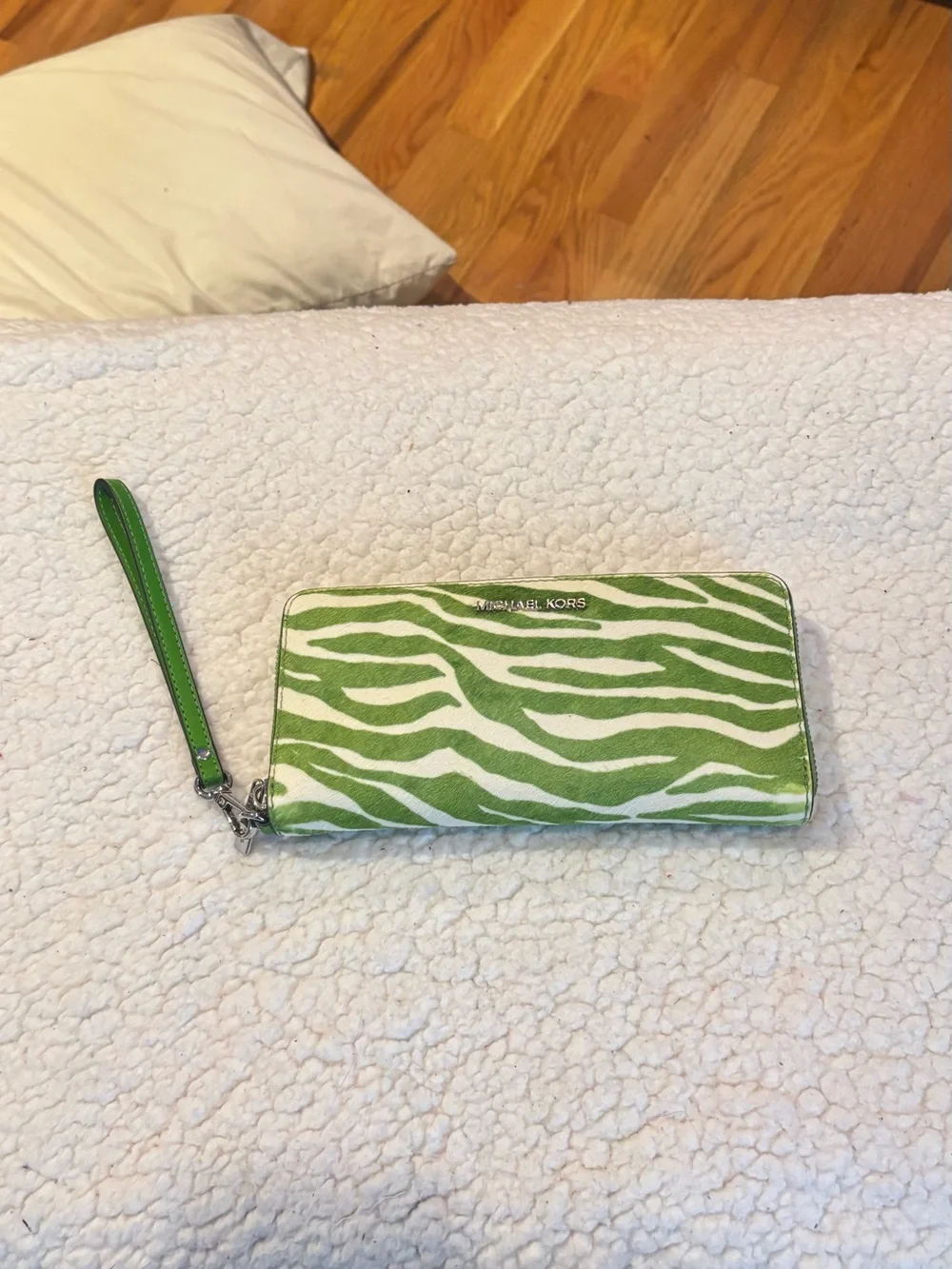 Michael Kors Lime Green and White Zebra Print Wristlet